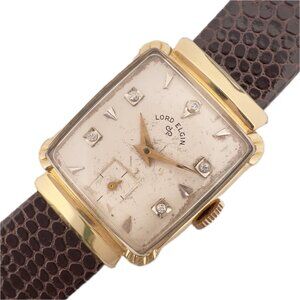 Vintage Lord Elgin 21 Jewel Men's Wristwatch 14k GF Diamond Dial w Hooded Lugs